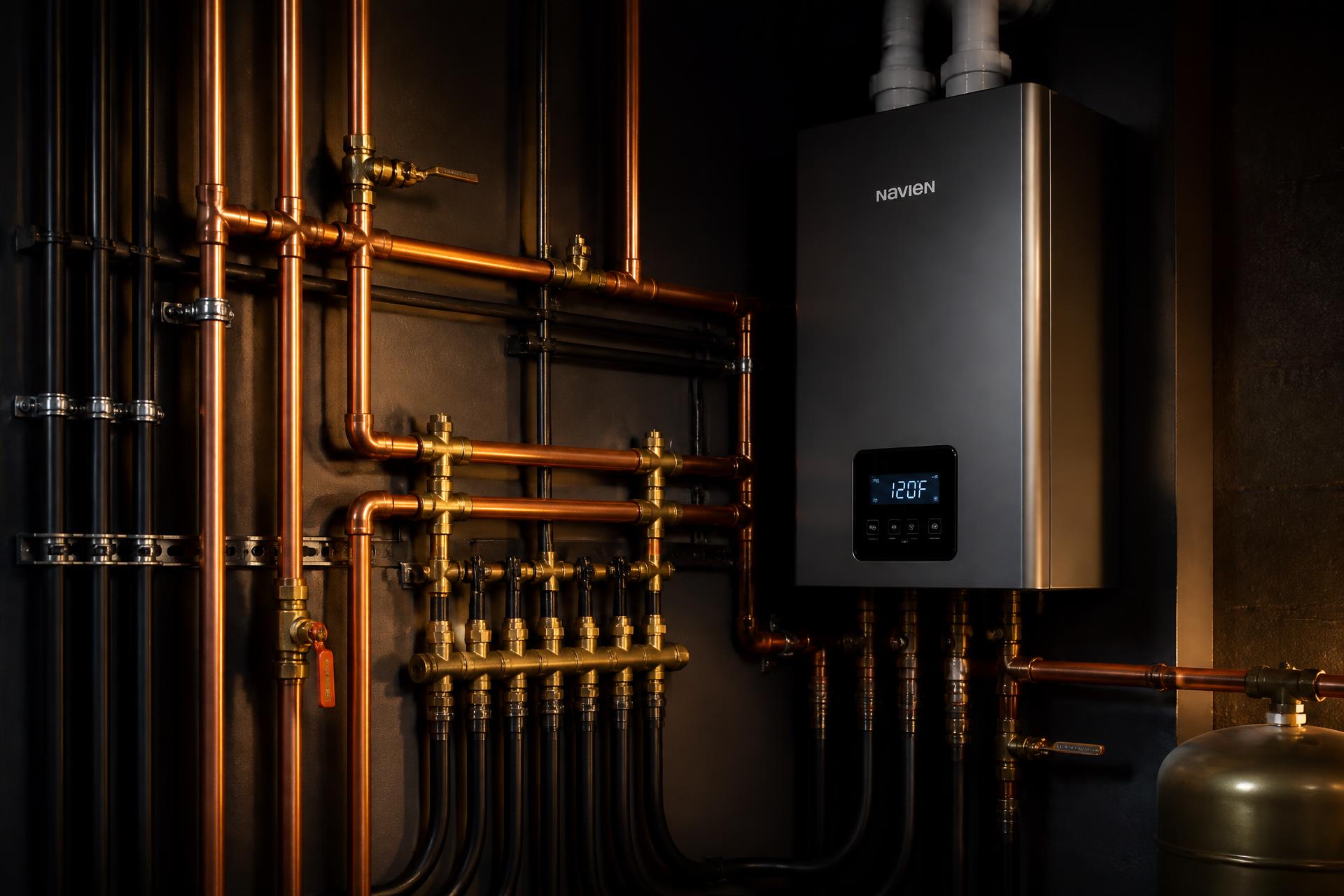 New copper plumbing lines, brass valves and a tankless water heater installed by a Metro Atlanta plumber